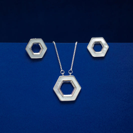 Hexagon Mother of Pearl Pendant & Stud Earring Set