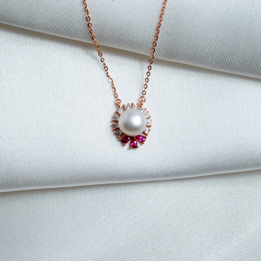 Rose Gold Pearl Halo Pendant & Stud Earring Set