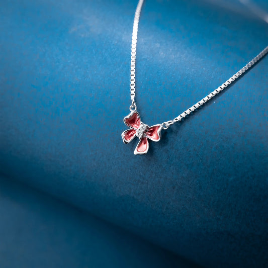 Silver Pink Crystal Butterfly Necklace