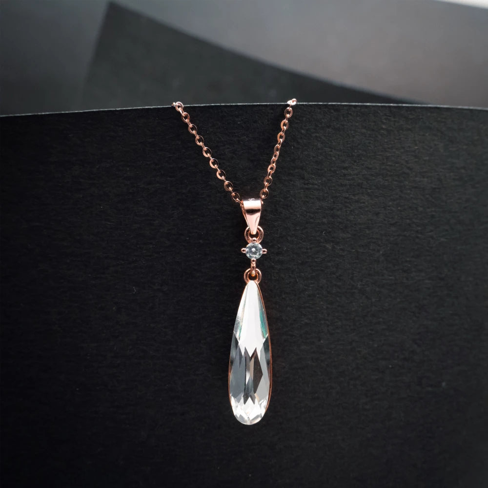 Rose Gold Crystal Teardrop Pendant Necklace & Earrings Set