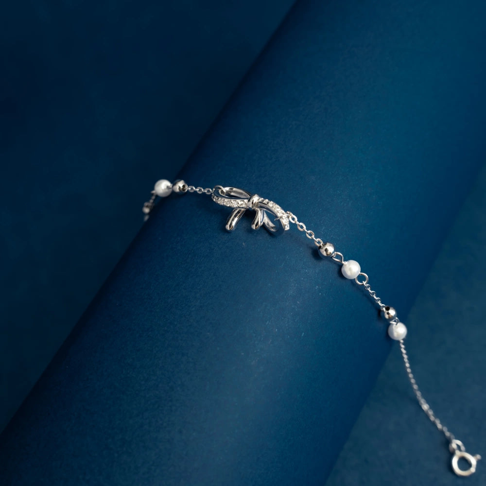 Silver Bow & Pearl Adjustable Bracelet