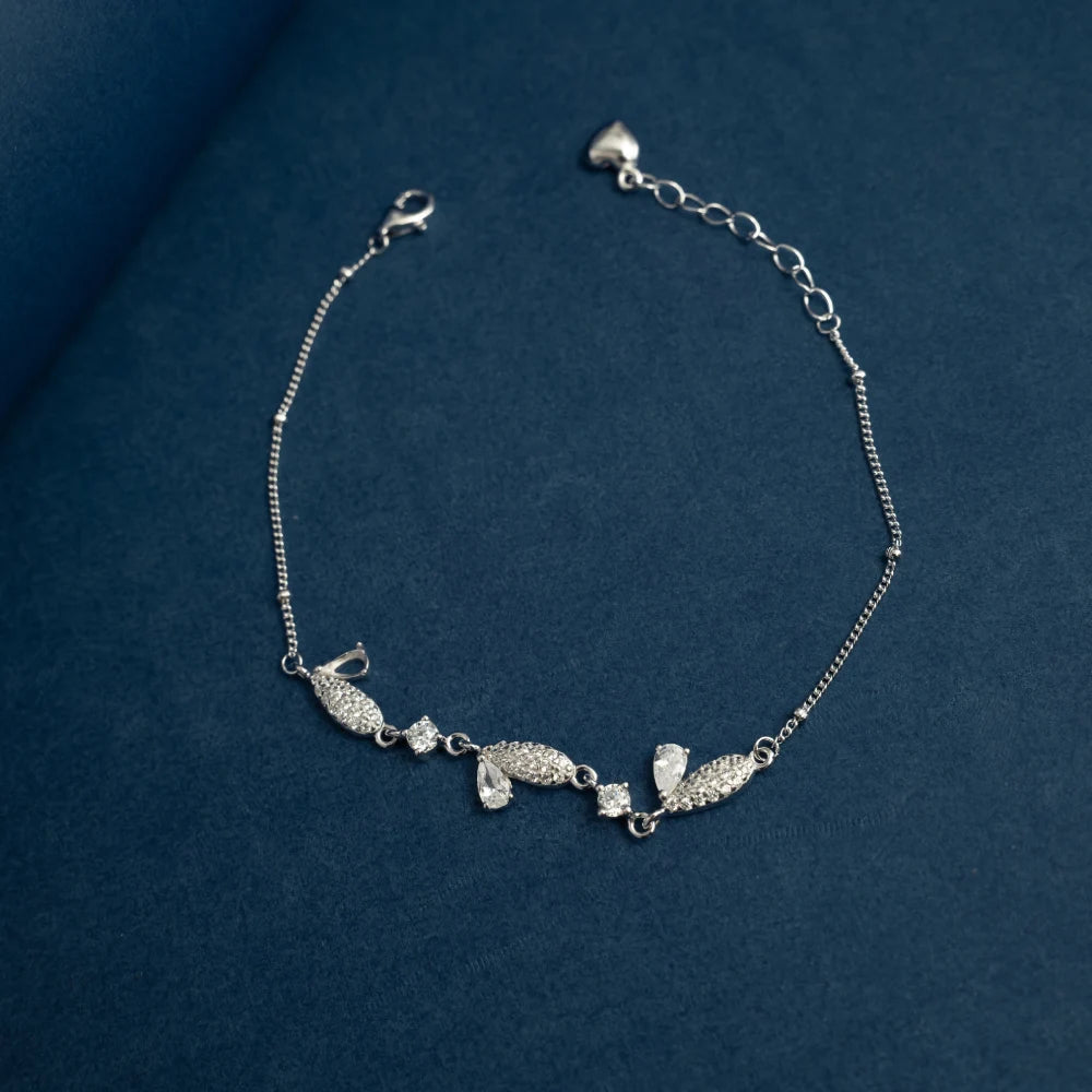 Elegant Silver Leaf Crystal Bracelet
