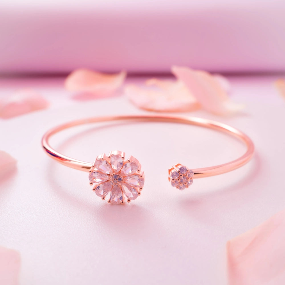 Rose Gold Floral CZ Open Cuff Bracelet
