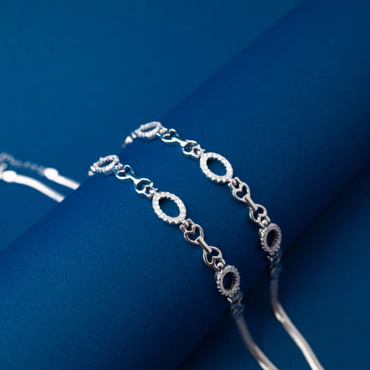 Silver Oval Link Layered Anklets