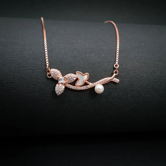 Floral Butterfly Crystal Necklace Rose Gold