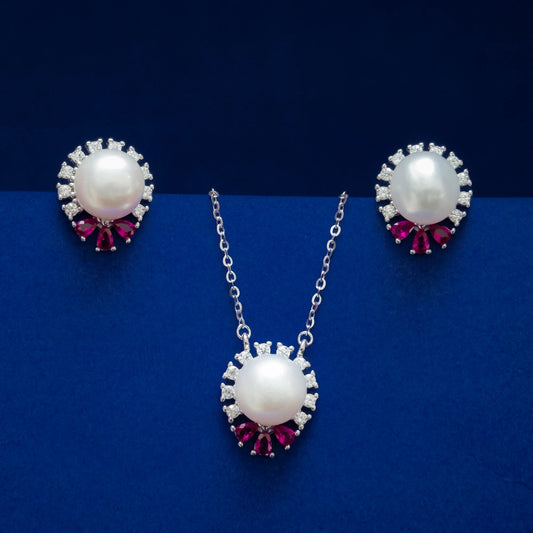Pearl & Ruby Halo Pendant & Stud Earring Set