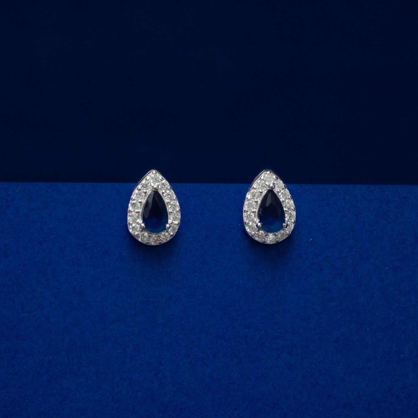 Blue Teardrop Halo Stud Earrings