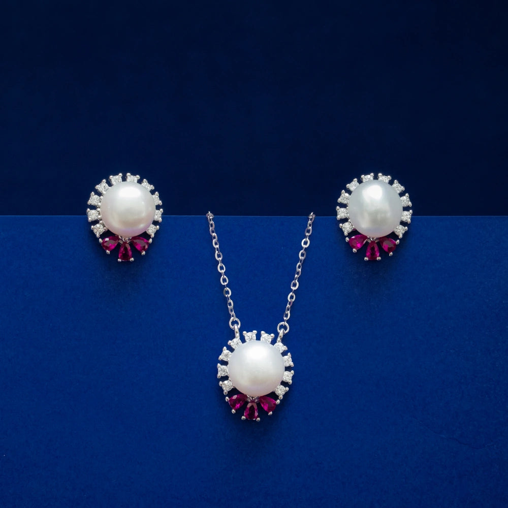 Pearl & Ruby Halo Pendant & Stud Earring Set