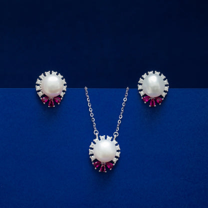 Pearl & Ruby Halo Pendant & Stud Earring Set