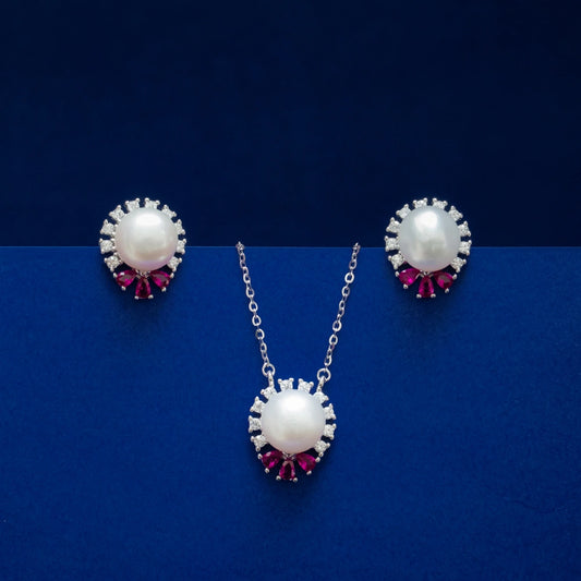 Pearl & Ruby Halo Pendant & Stud Earring Set