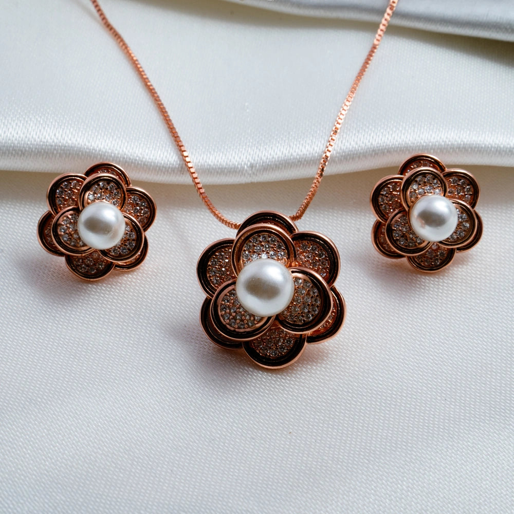 Rose Gold Floral Pearl Jewelry Set