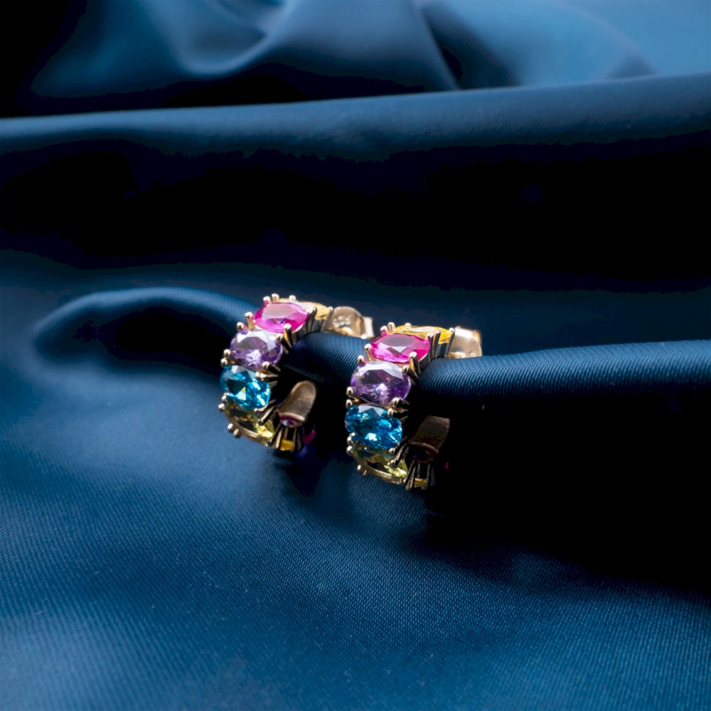 Multicolor Gemstone Pavé Hoop Earrings