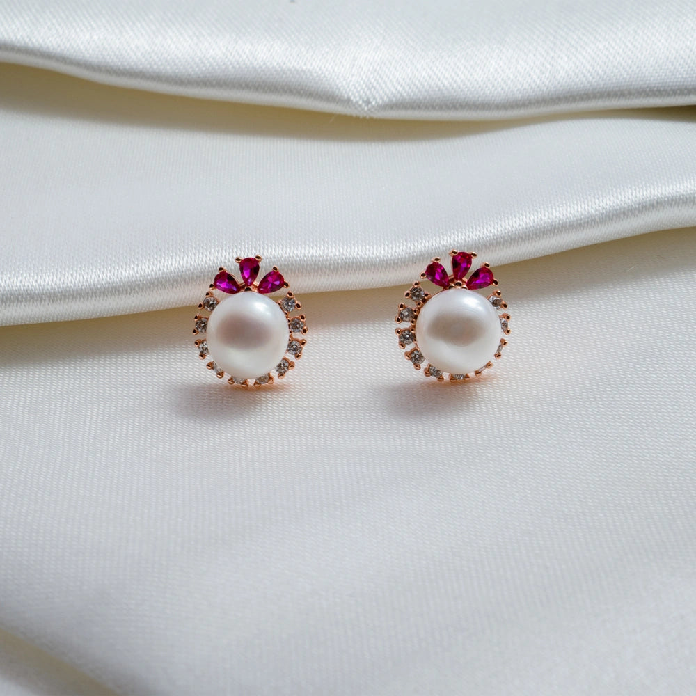 Rose Gold Pearl Halo Pendant & Stud Earring Set