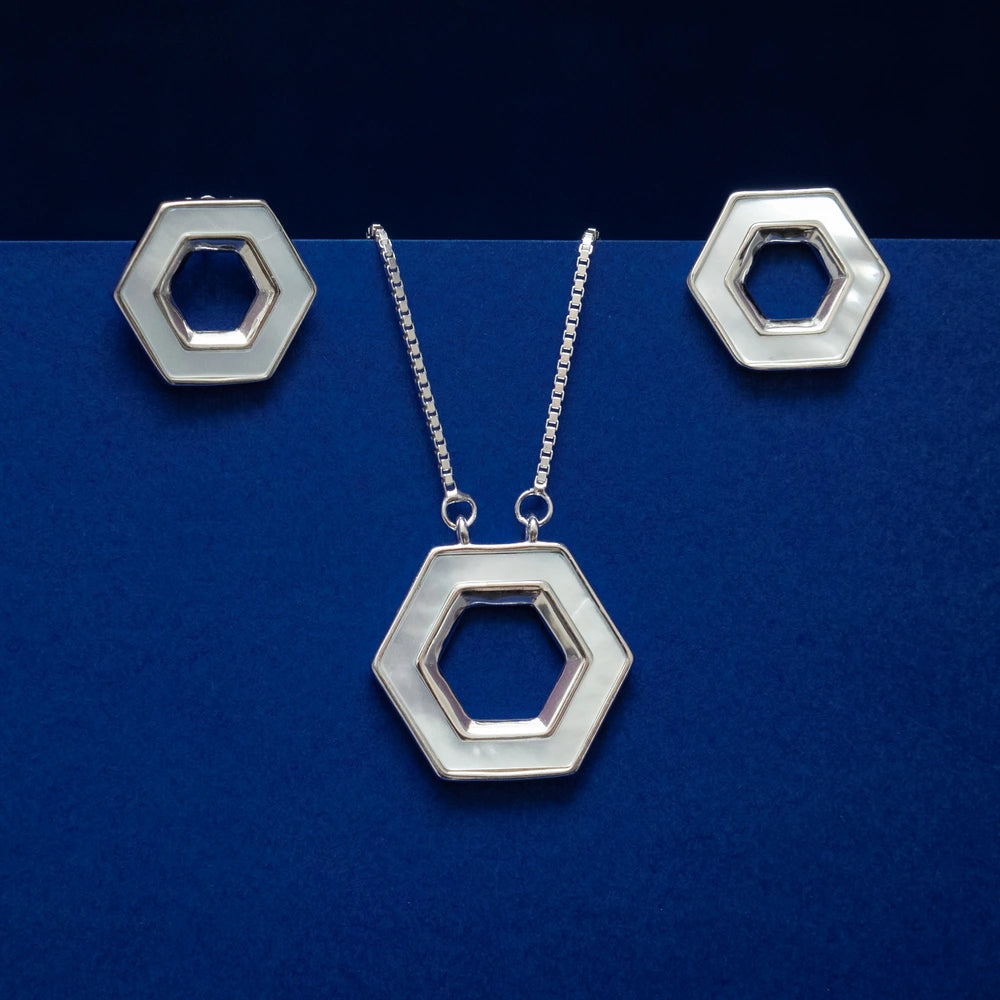 Hexagon Mother of Pearl Pendant & Stud Earring Set