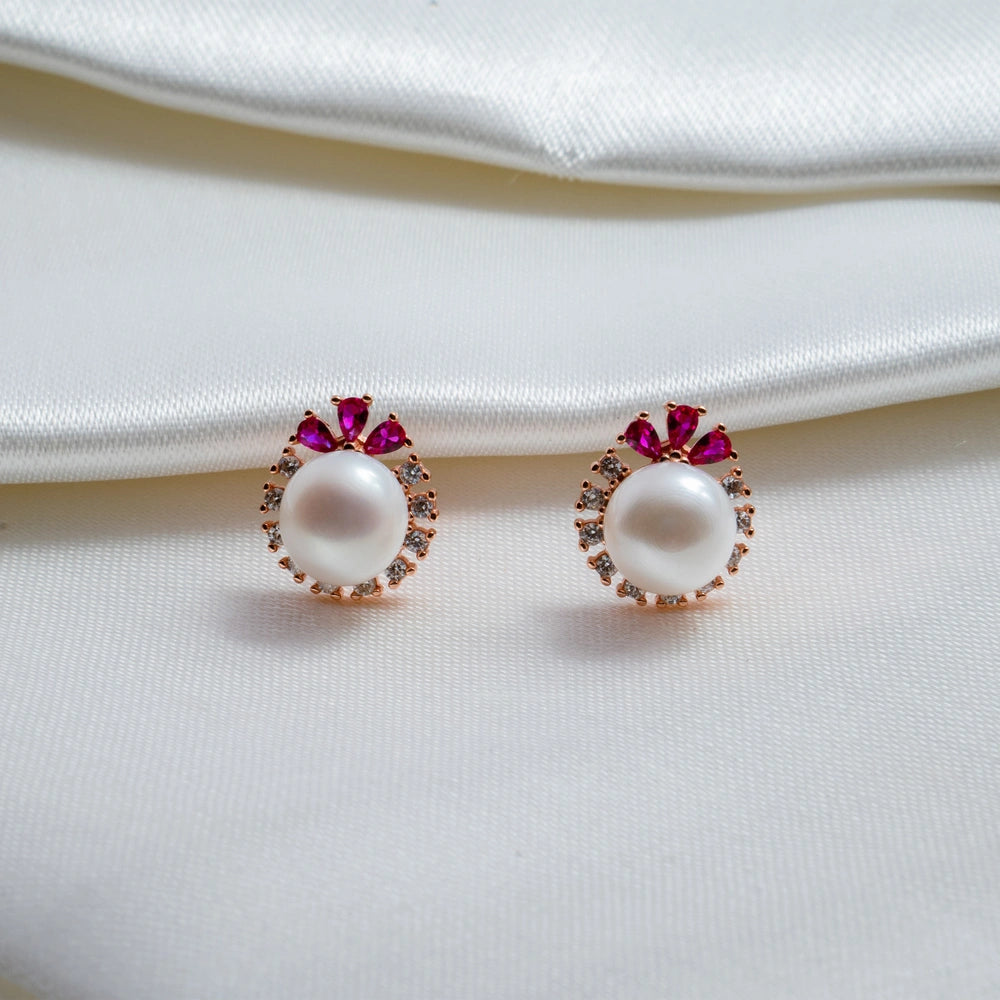 Rose Gold Pearl Halo Pendant & Stud Earring Set