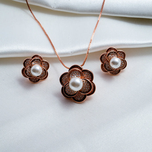Rose Gold Floral Pearl Jewelry Set