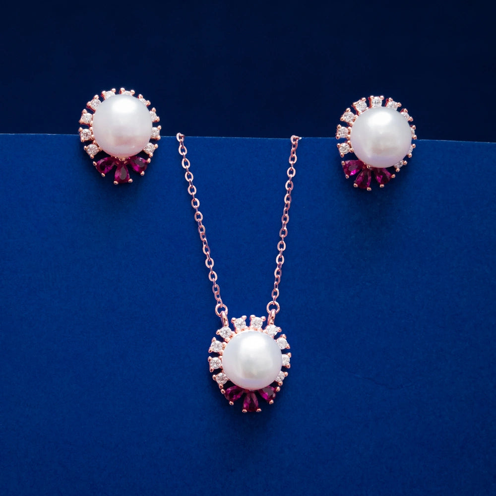 Pearl & Ruby Halo Pendant & Stud Earring Set
