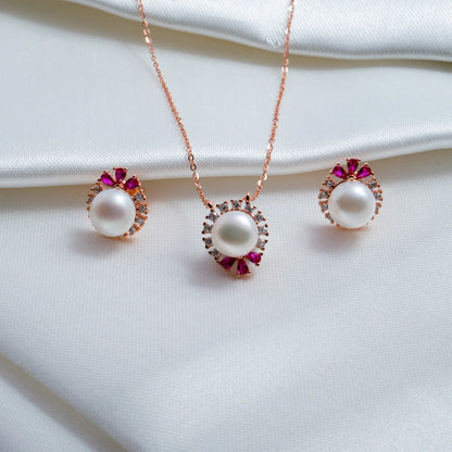 Rose Gold Pearl Halo Pendant & Stud Earring Set