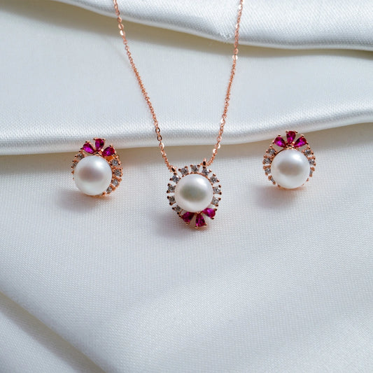 Rose Gold Pearl Halo Pendant & Stud Earring Set