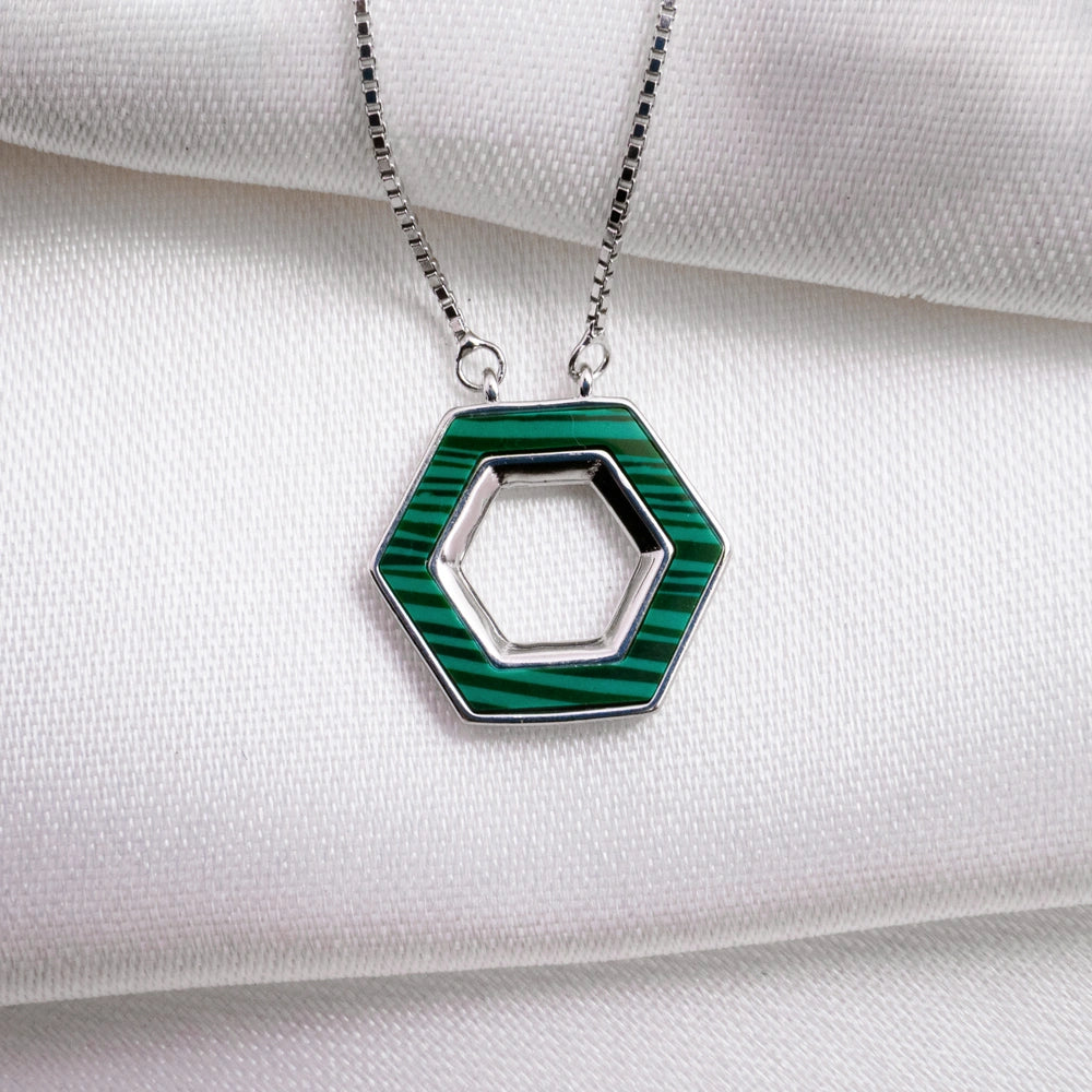 Silver Green Hexagon Pendant Jewelry Set