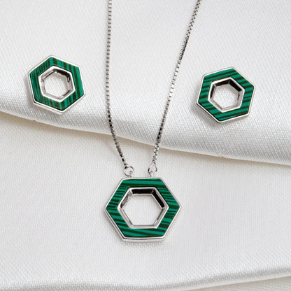 Silver Green Hexagon Pendant Jewelry Set