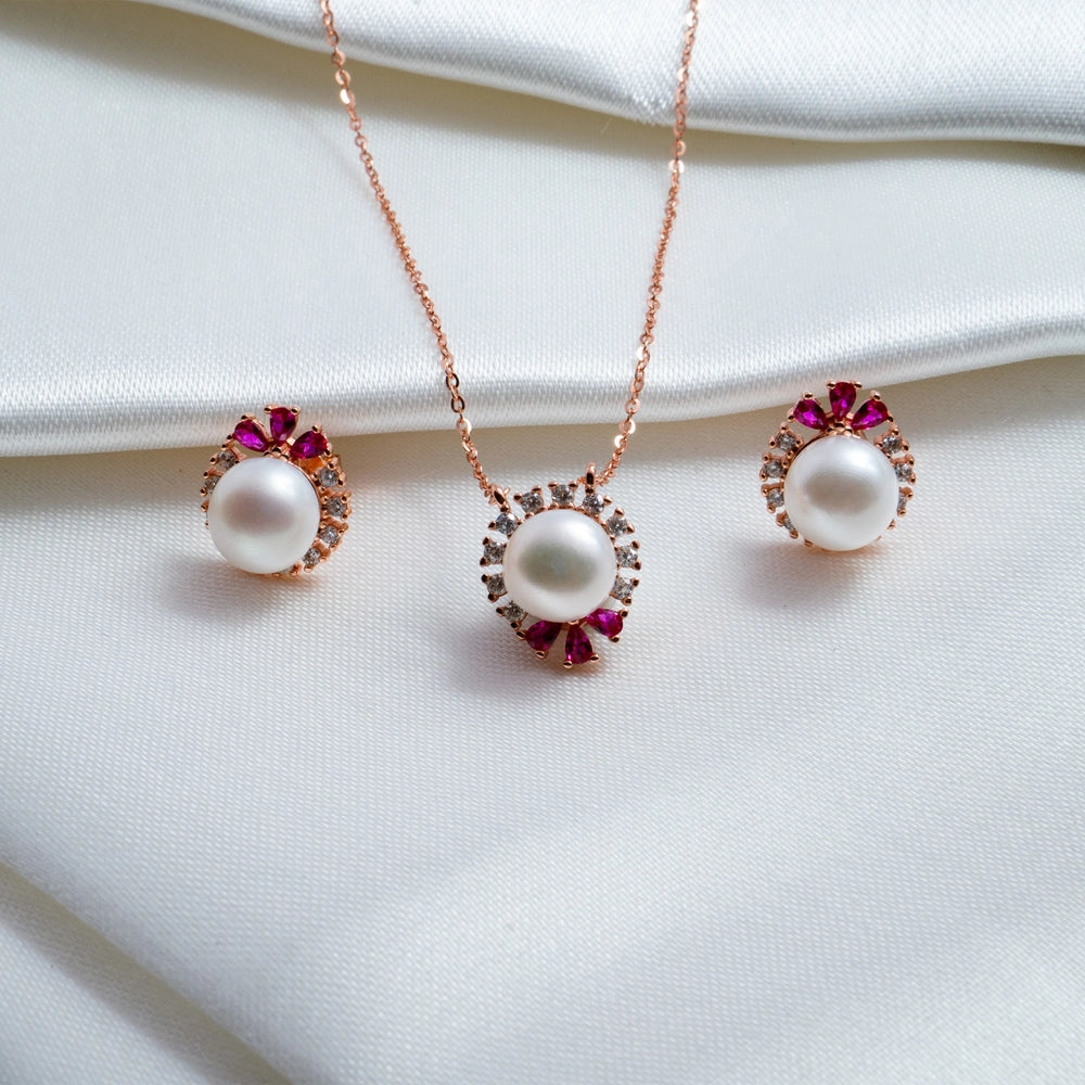 Rose Gold Pearl Halo Pendant & Stud Earring Set