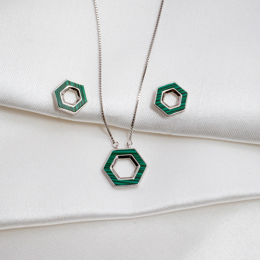 Silver Green Hexagon Pendant Jewelry Set