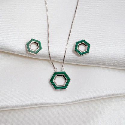 Silver Green Hexagon Pendant Jewelry Set