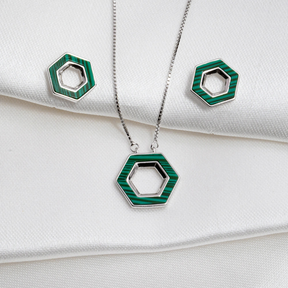 Silver Green Hexagon Pendant Jewelry Set