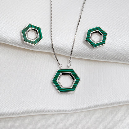 Silver Green Hexagon Pendant Jewelry Set
