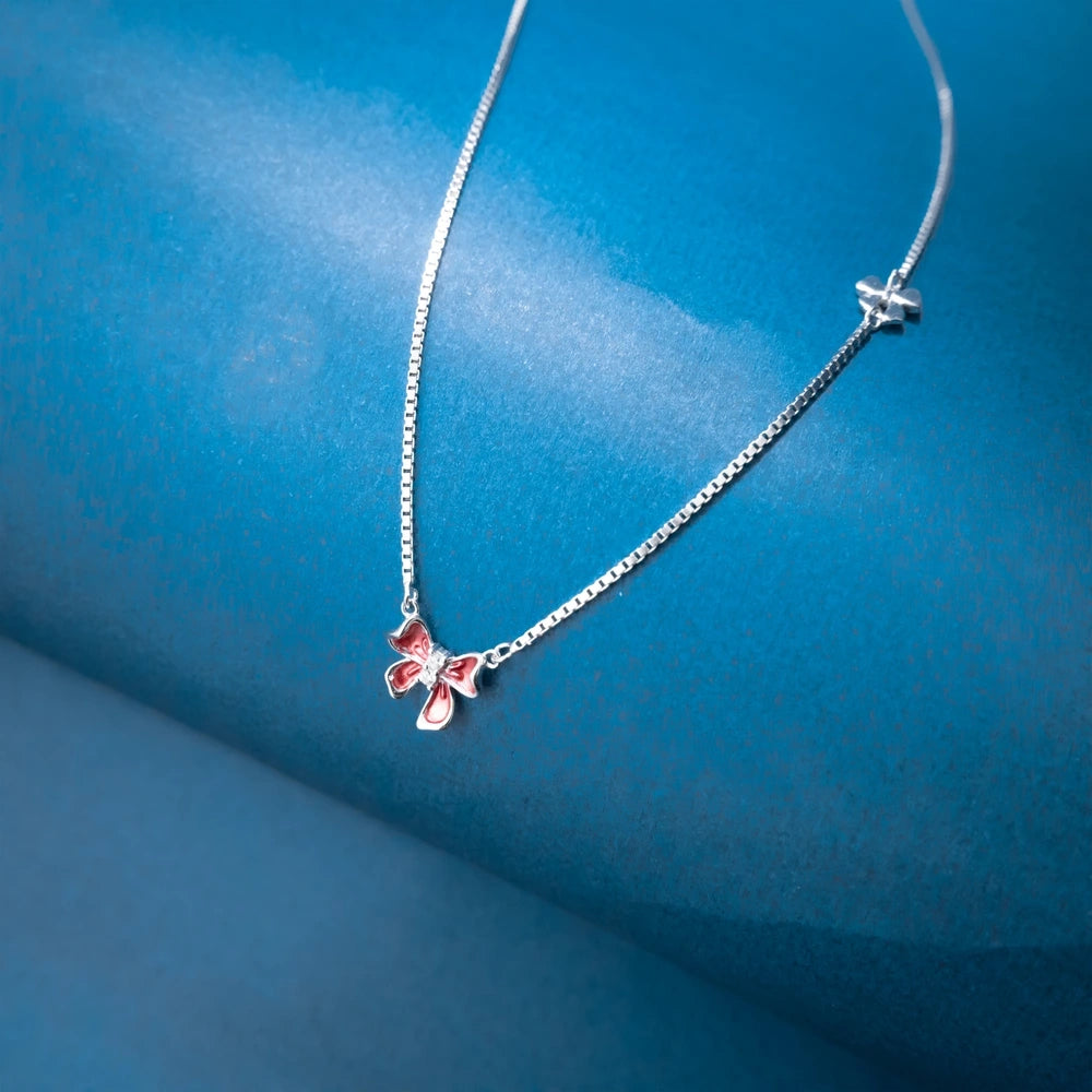 Silver Pink Crystal Butterfly Necklace