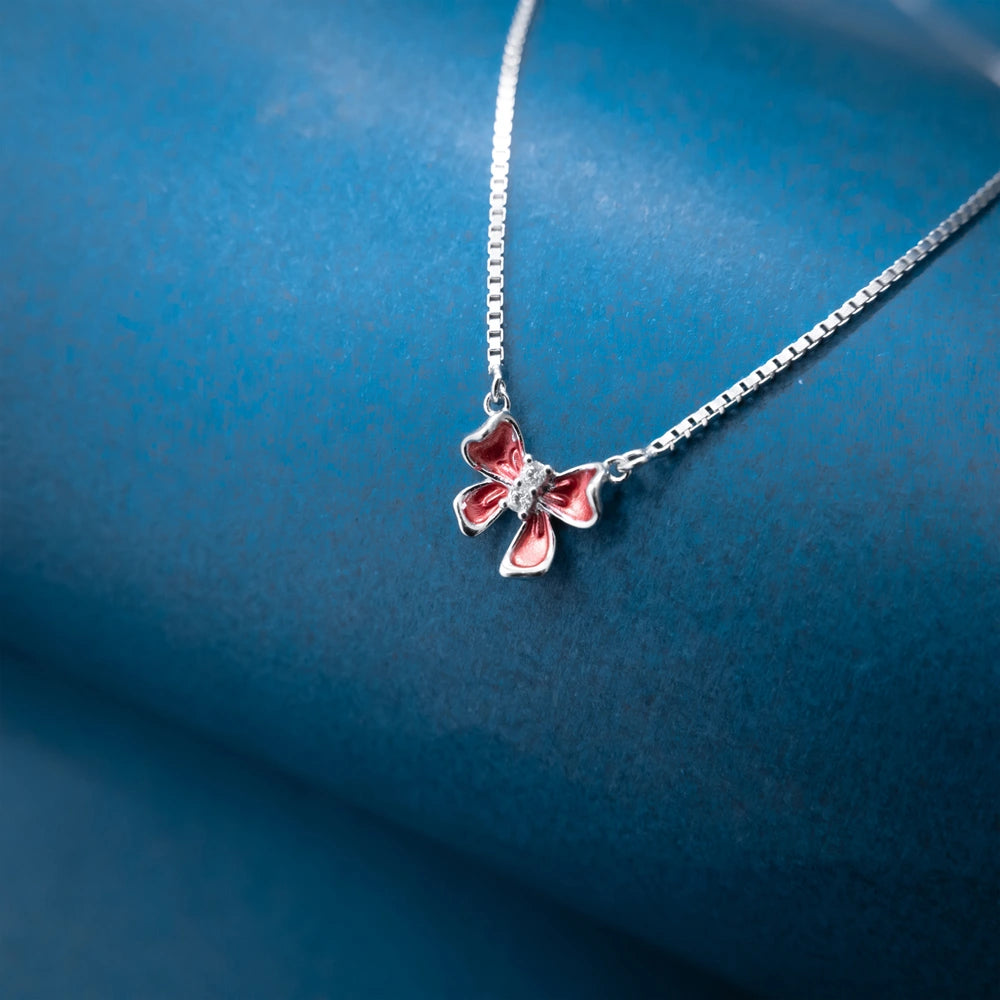 Silver Pink Crystal Butterfly Necklace