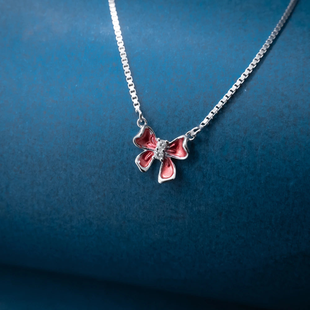 Silver Pink Crystal Butterfly Necklace