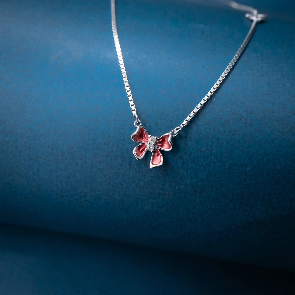 Silver Pink Crystal Butterfly Necklace