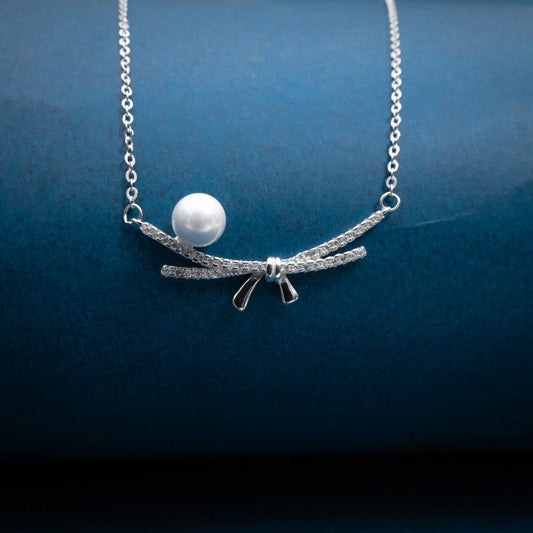 Silver Pearl Bow Necklace