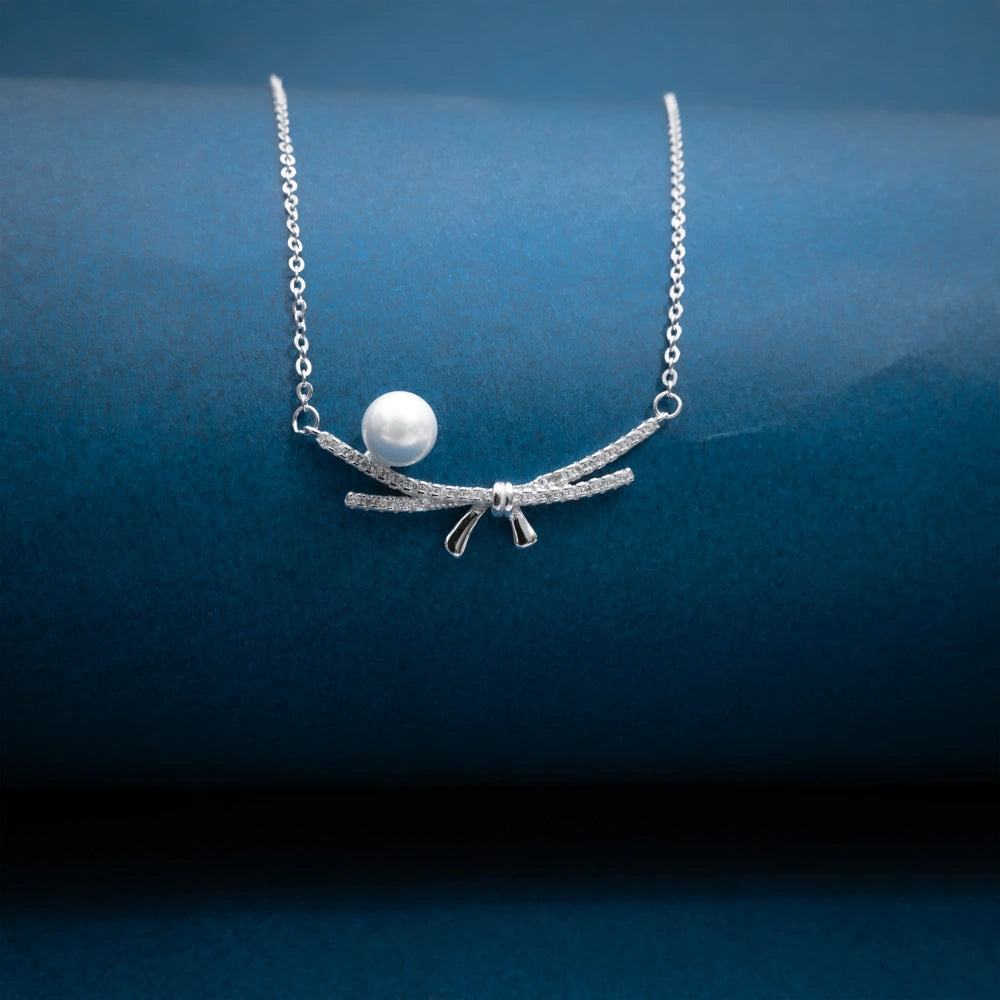Silver Pearl Bow Necklace