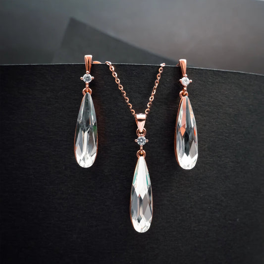 Rose Gold Crystal Teardrop Pendant Necklace & Earrings Set