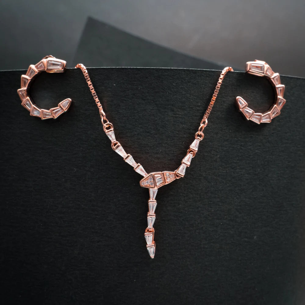 Rose Gold Geometric Crystal Necklace & Hoop Earrings Set