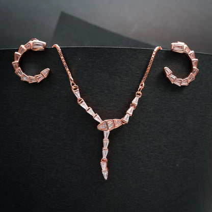 Rose Gold Geometric Crystal Necklace & Hoop Earrings Set