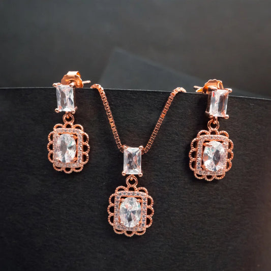 Vintage Rose Gold Crystal Pendant & Earrings Set