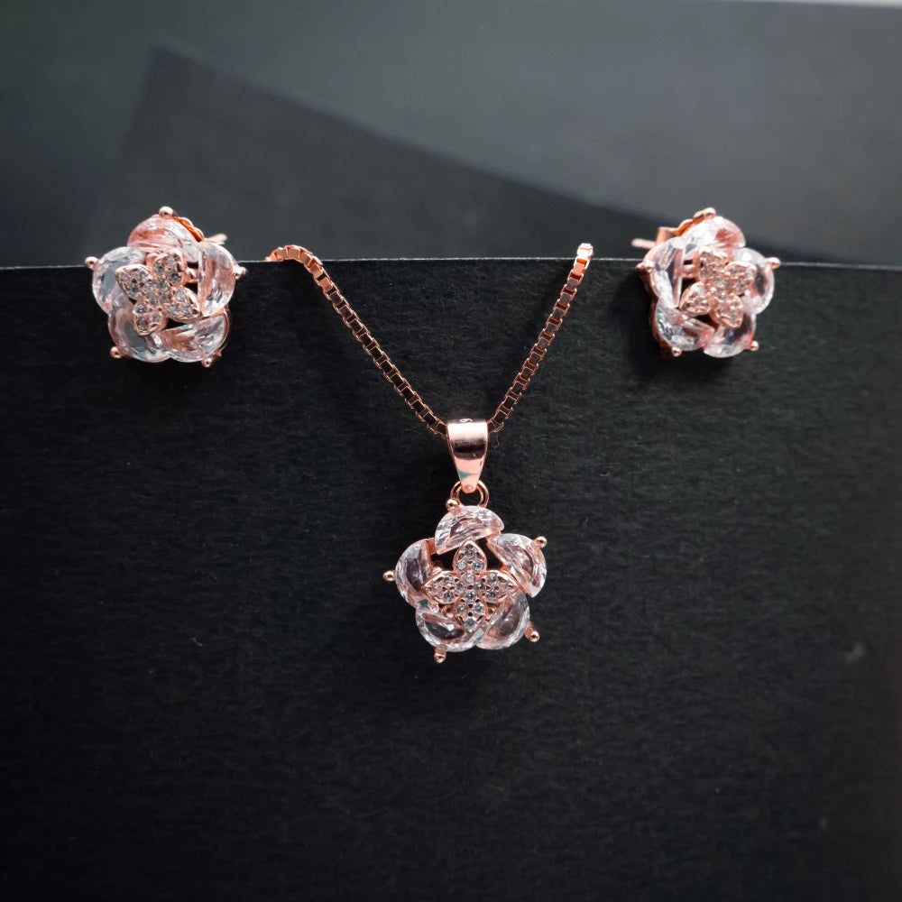 Rose Gold Crystal Blossom Pendant & Earrings Set