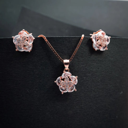 Rose Gold Crystal Blossom Pendant & Earrings Set
