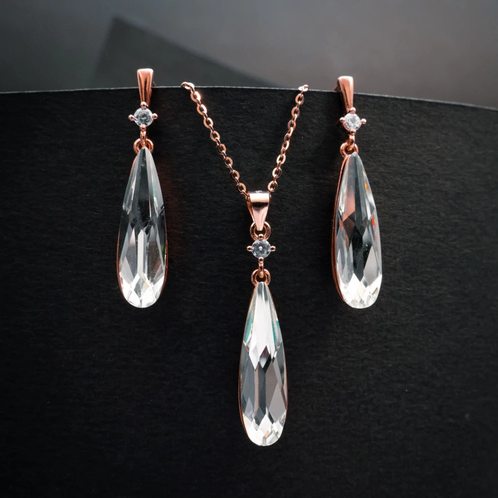 Rose Gold Crystal Teardrop Pendant Necklace & Earrings Set
