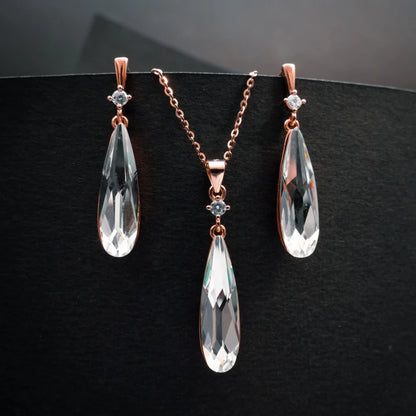 Rose Gold Crystal Teardrop Pendant Necklace & Earrings Set