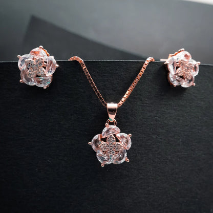 Rose Gold Crystal Blossom Pendant & Earrings Set