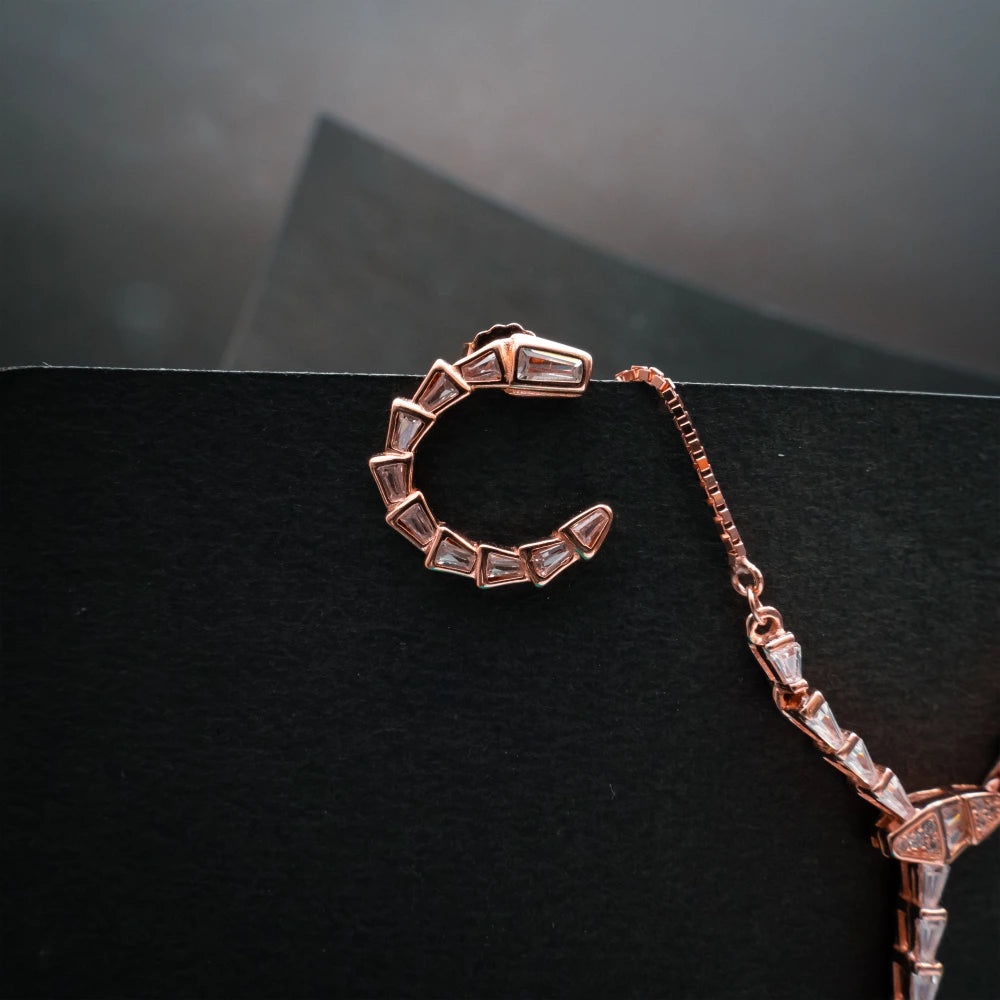 Rose Gold Geometric Crystal Necklace & Hoop Earrings Set