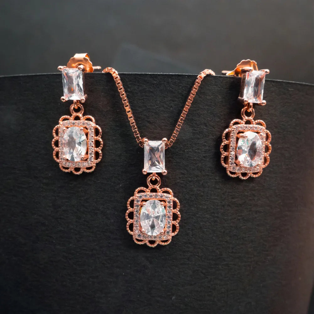 Vintage Rose Gold Crystal Pendant & Earrings Set