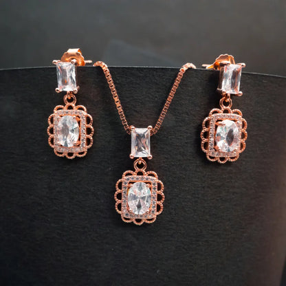 Vintage Rose Gold Crystal Pendant & Earrings Set