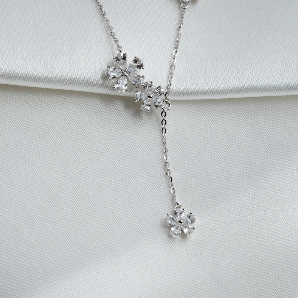 Silver Floral Crystal Drop Necklace