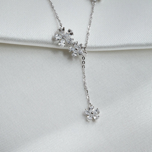 Silver Floral Crystal Drop Necklace